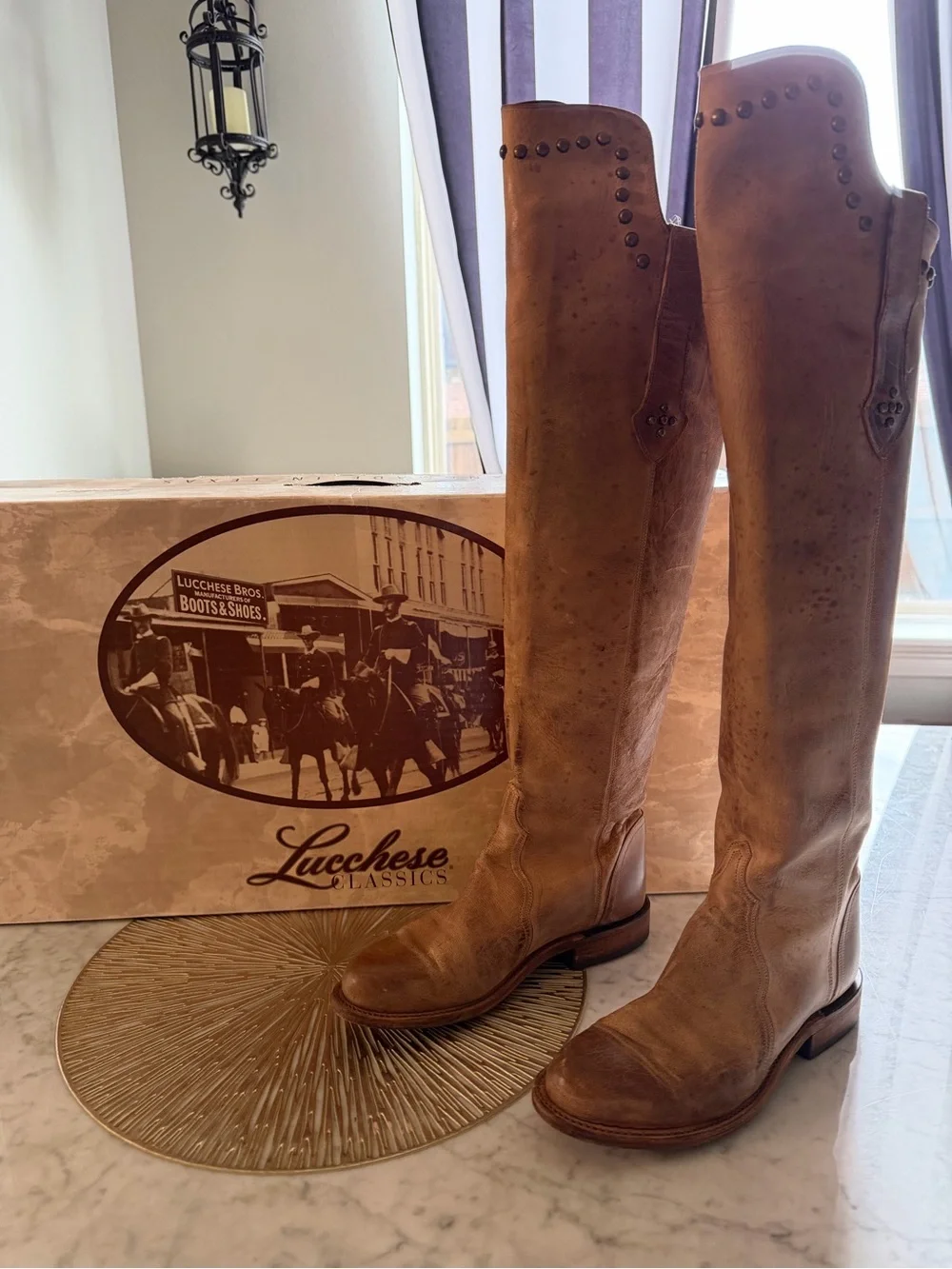 Lucchese Classics Tall Riding Boots Women’s 7B Distressed Tan Leather Studded